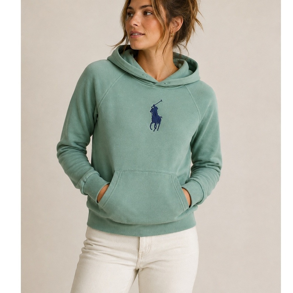 Polo Ralph Lauren Shrunken Fit Cropped Green Big Pony Fleece Hoodie Womens Large
